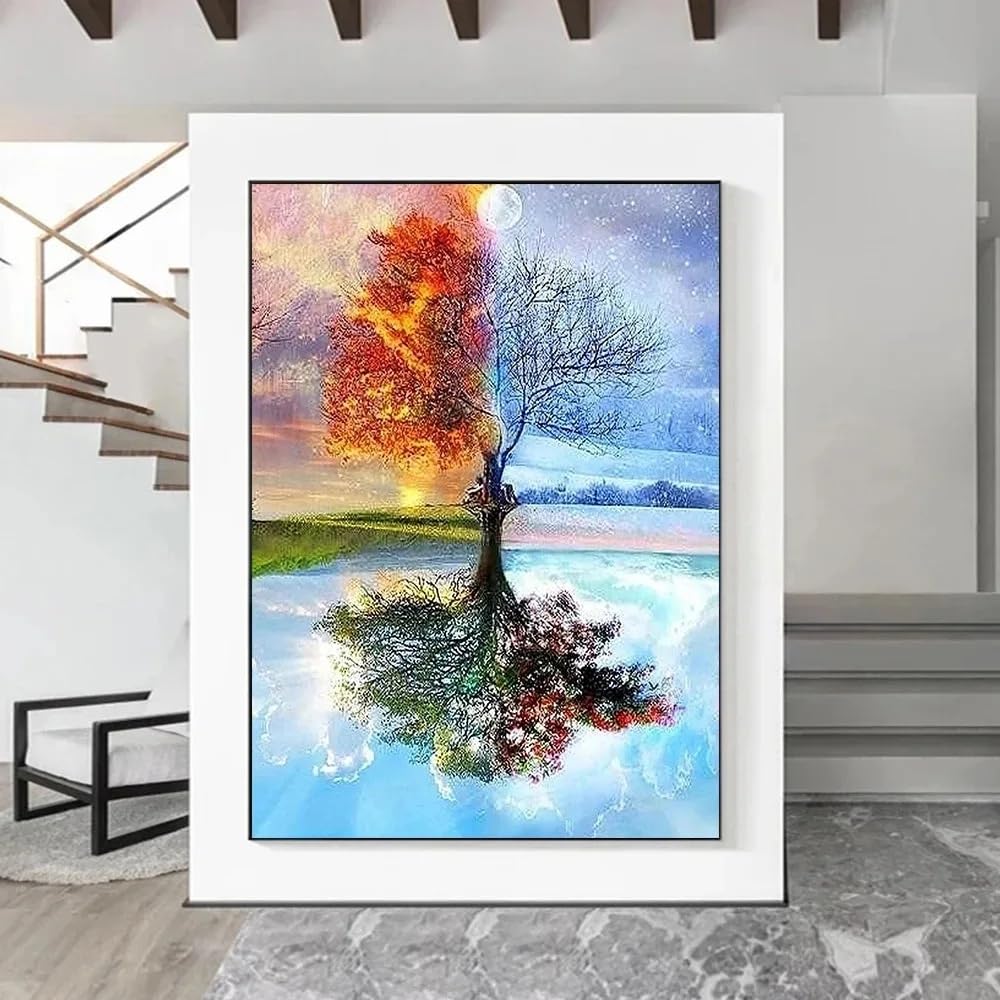 Póster abstracto del Árbol de la Vida, cuadro moderno de paisaje con árboles de las cuatro estaciones para decoración del hogar en la sala de estar (50x70cm/marco interno).