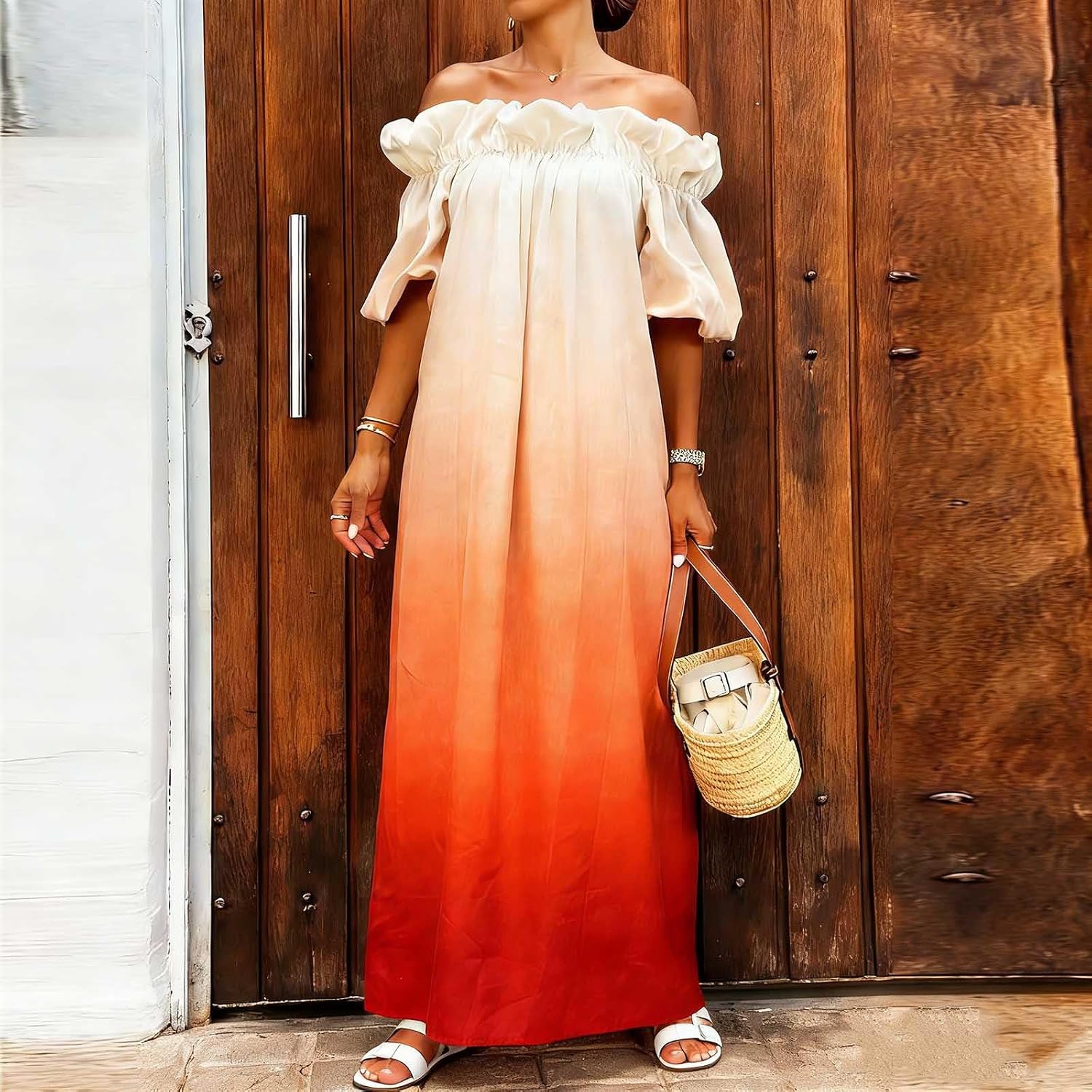 Off Shoulder Maxi Dresses for Women Gradient Long Dress Loose Puff Short Sleeve Dress Summer Flowy Beach Dresses