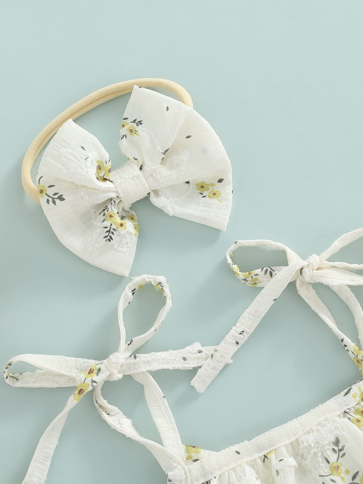 Baby Girls Romper Sleeveless Floral Multi-Layer Jumpsuit + Bow Headband Clothes 0-24 Months (Yellow, 0-6 Months)