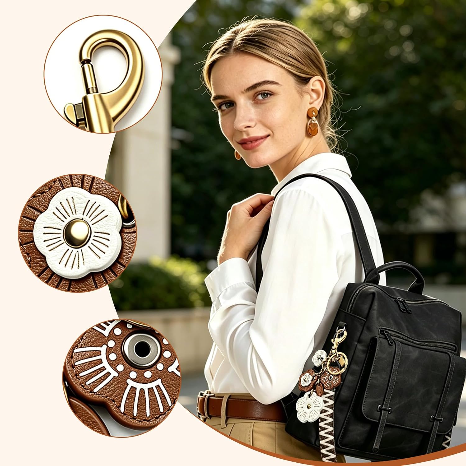Leather Flower Bag Charm, Floral Keychain Accessory for Handbags, Purses, and Car Hanging, Retro Style