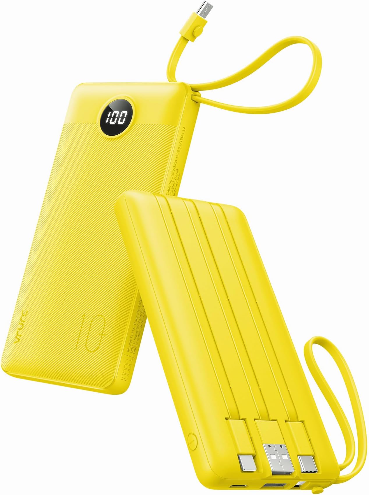 VRURC Portable Charger with Built-in Cables, USB C Portable Phone Charger 10000mAh, Lightweight Power Bank with 5 Output 2 Input Compatible with Smart Phones,Samsung,Android etc-Yellow(1 Pack)