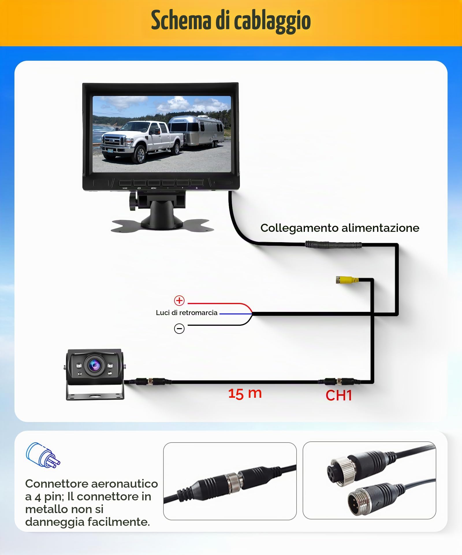 VECHTEL 1080P telecamera posteriore Cavo con monitor IPS da 7 pollici,telecamera posteriore AHD IP69 per visione notturna per auto SUV,camion,camper con visiera parasole,cavo 1 * 15M