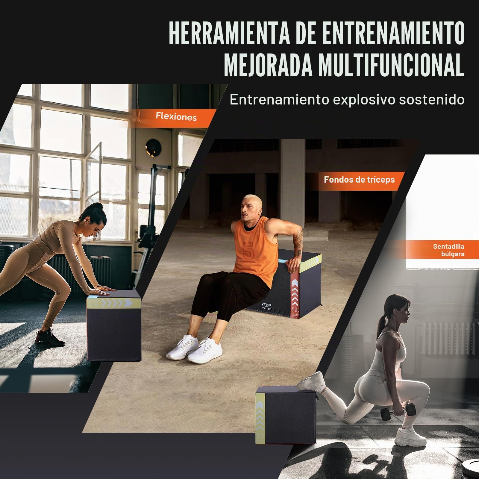 VEVOR Caja de Salto Pliométrica 3 en 1 Caja de Salto Tejido de Malla de PVC y Algodón Caja de Ejercicios de Fitness Antideslizante Capacidad de Peso 100kg para Entrenamiento en Gimnasio, Casa, Negro
