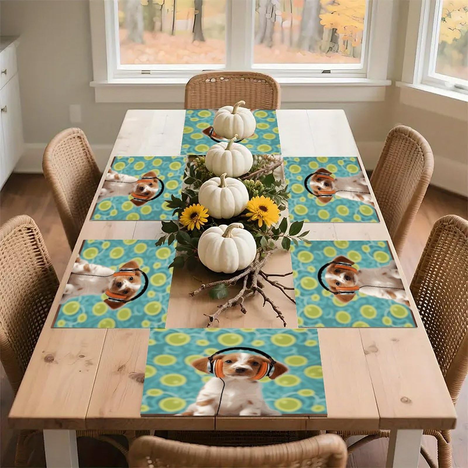 Puppy with Headphones Placemats Heat-Resistant Washable Place Mats Anti Slip Dining Table Place Mats Wipeable Dining Table Mats Kitchen Decoration Placemats 17.7’’×11.8’’