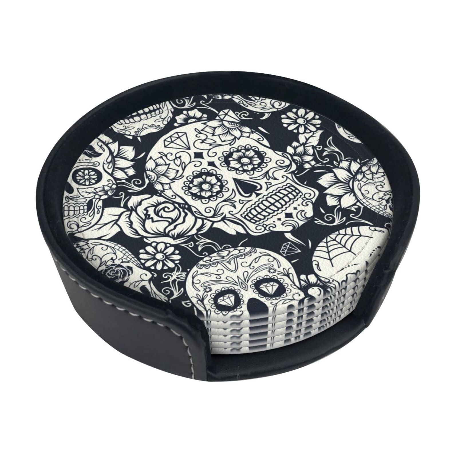 Alteko Floral Skull Coasters Set Of 6 Print Leather Coasters For Drinks,Home Décor And Housewarming Gift