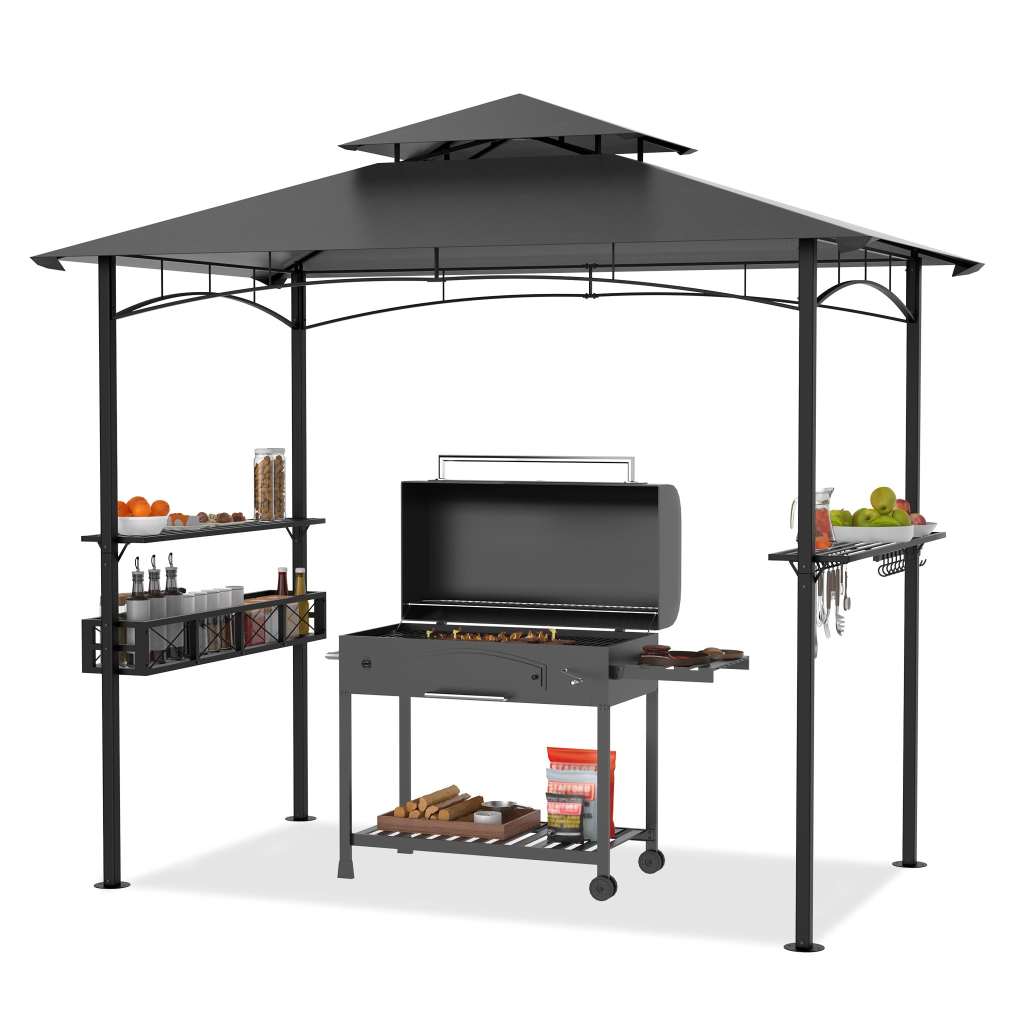 FIVMEN Cenador para barbacoa, 244 x 138 x 250 cm, con barra de bar y techo de doble capa, cenador de jardín, carpa para fiestas, protección UV