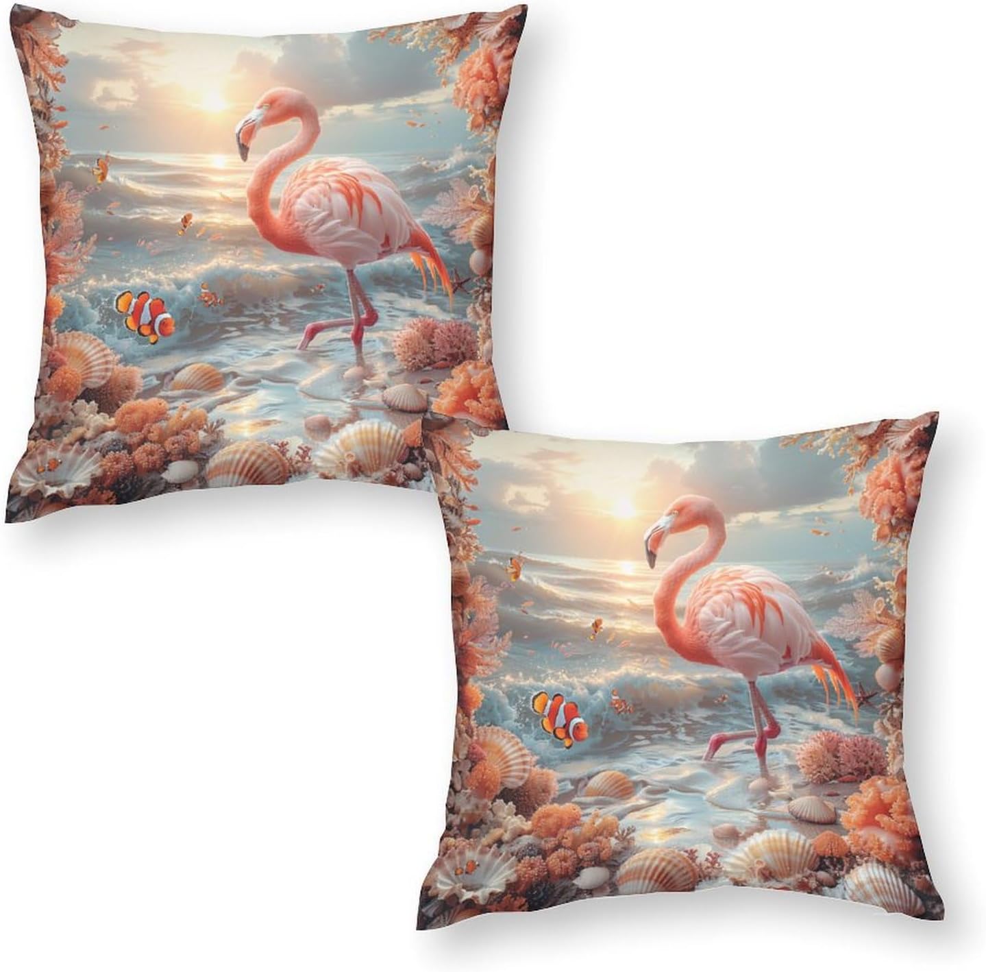 2 Packs Tropical Nature Coastal Throw Pillow Covers for Living Room, Fantasy Ocean Coral Flamingo Pillow Covers Cushion Case for Couch Sofa Bed, 16x16 inch