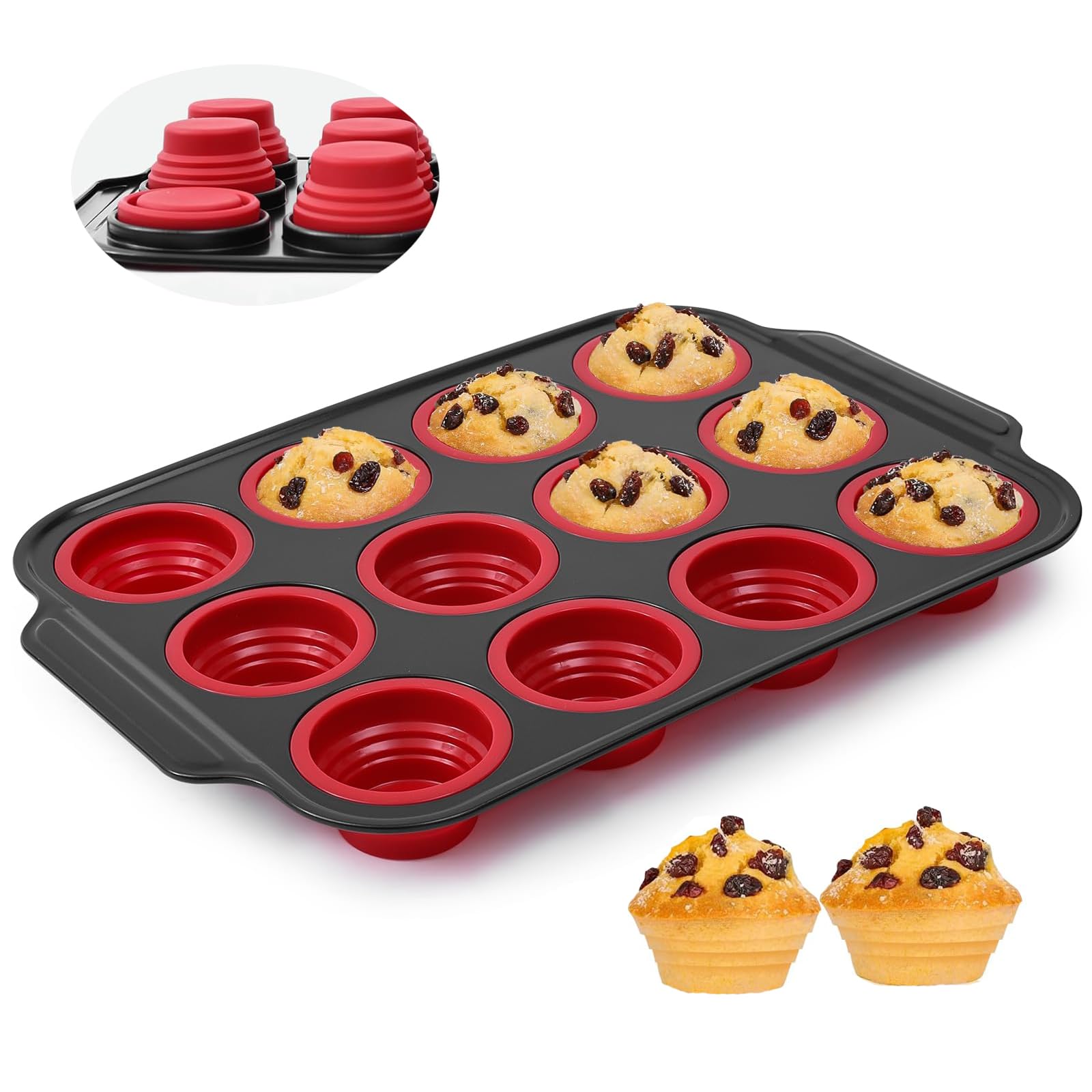 YiYeraio Foldable Silicone Muffin Trays, 12 Cups Cupcake Tray, Press to Release, Non-Stick Silicone Muffin Cup, Non-Stick Muffin Cupcake Tin, Baking Mould for Muffins or Cupcakes, Bakeware — image 1
