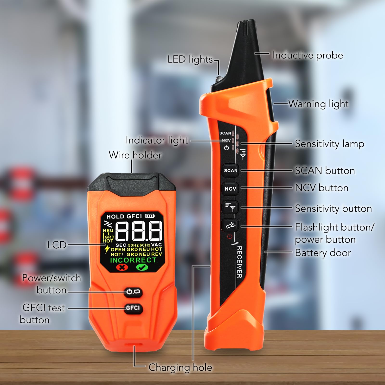 Détecteur de Disjoncteur avec Écran LCD, Testeur de Prise GFCI, Traçeur de Circuit Électrique avec Test NCV – Livré avec Sac de Rangement et Adaptateurs, Rechargeable, Mode Intelligent IA
