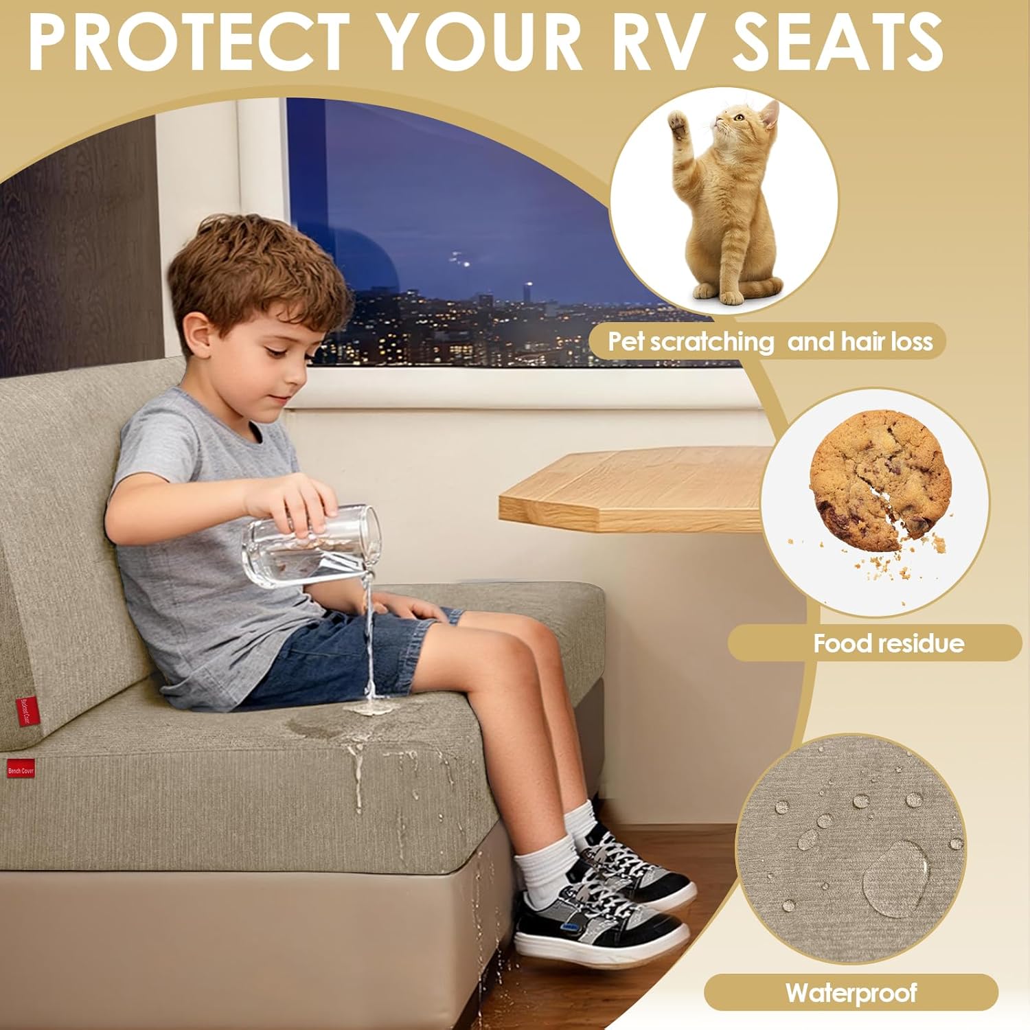 Waterproof RV Dinette Cushion Covers - Stretch Seat Slipcover, Washable RV Couch Cover Designed for Camper Car Bench (Loveseat 2 Backrest Cover & 2 Bench Cover, Island Fossi)