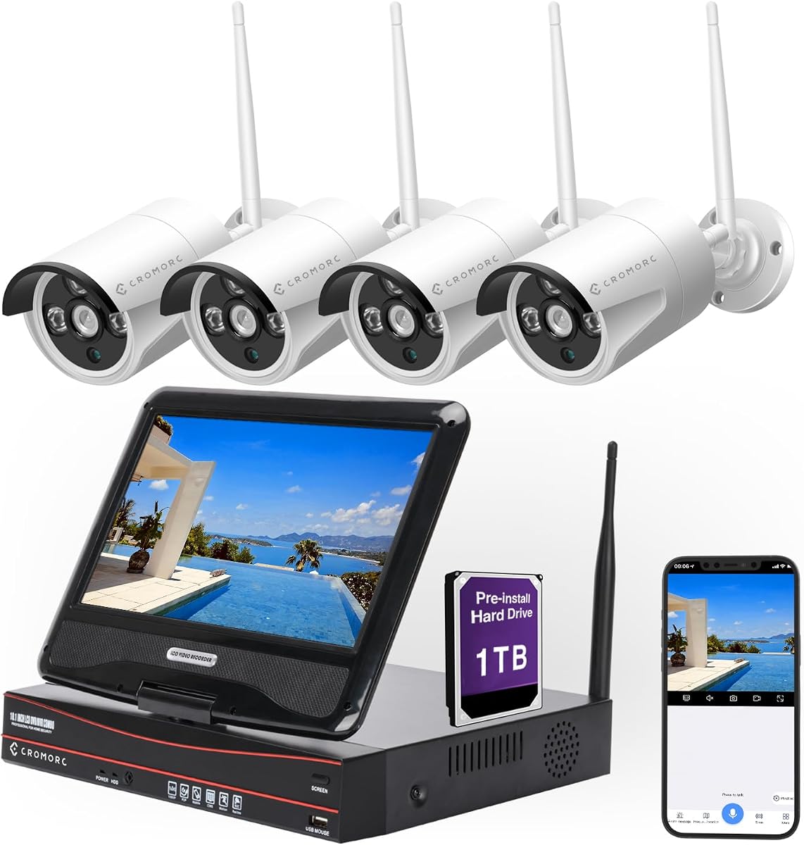 Sistema de cámara de seguridad inalámbrica expandible de 10 canales con monitor de 10,1" | 4 cámaras de 5 MP para interiores y exteriores, audio unidireccional, visión nocturna diurna, detección de movimiento humanoide, vigilancia CCTV para el hogar y negocios, disco duro de 1 TB