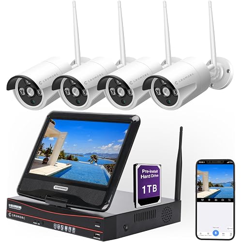10CH Expandable Wireless Security Camera System with 10.1" Monitor 4pcs 5MP Indoor Outdoor Camera 1-Way Audio Night Vision Motion Detection Home Business CCTV Surveillance 1TB HDD