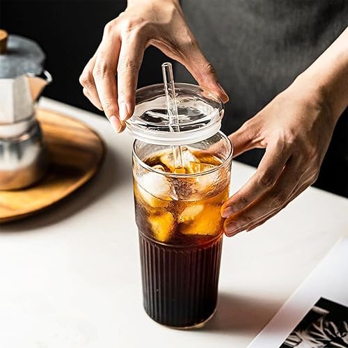 Miniatura 5 de Vaso de vidrio con popote y tapa, vasos transparentes de 20 onzas para café helado, jugo, té, leche, batido y bebidas frías o calientes, juego de 2