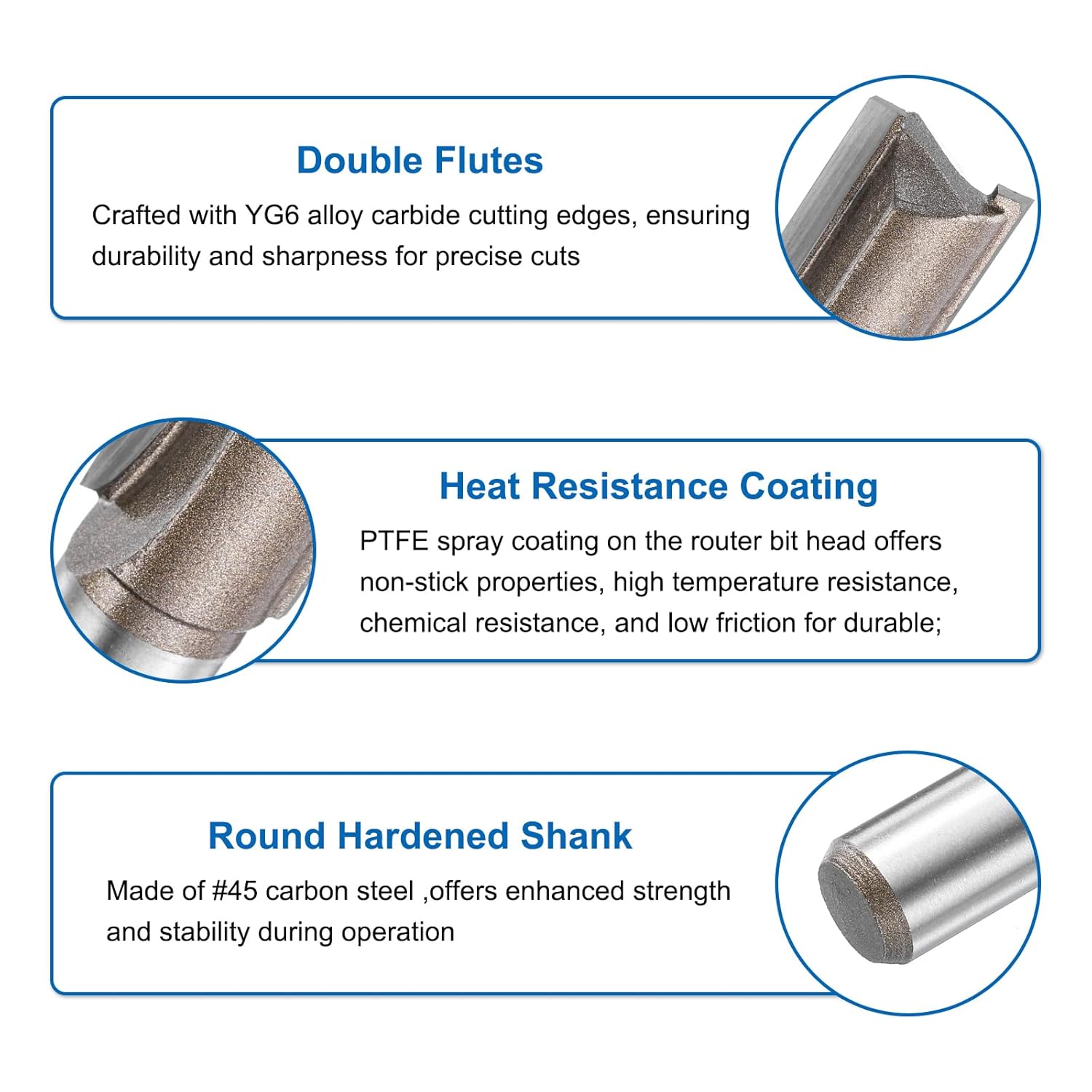 HARFINGTON 2pcs Straight Router Bit 1/2 Inch Shank 5/8" Cutting Dia, 2 Flutes 1.18 Inch Cutting Length YG6 Carbide Cutter with PTFE Heat Resistance Coating, Woodworking Grooving Trim Bit