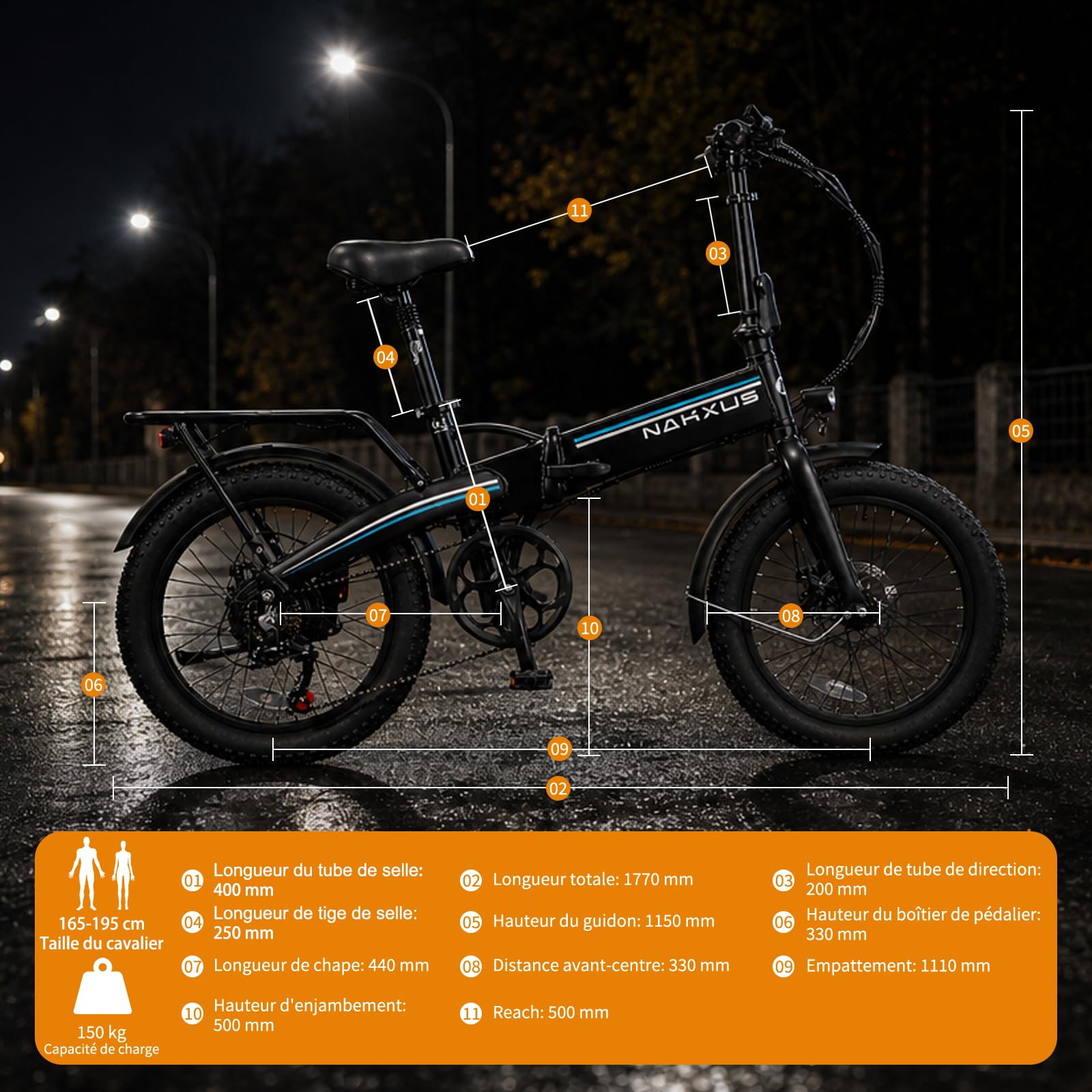 Vélo électrique 20F063, vélo électrique de 20" avec moteur de 250 W, batterie 48 V 11,6 Ah, dérailleur à 7 vitesses, écran LCD, portée jusqu'à 80 km