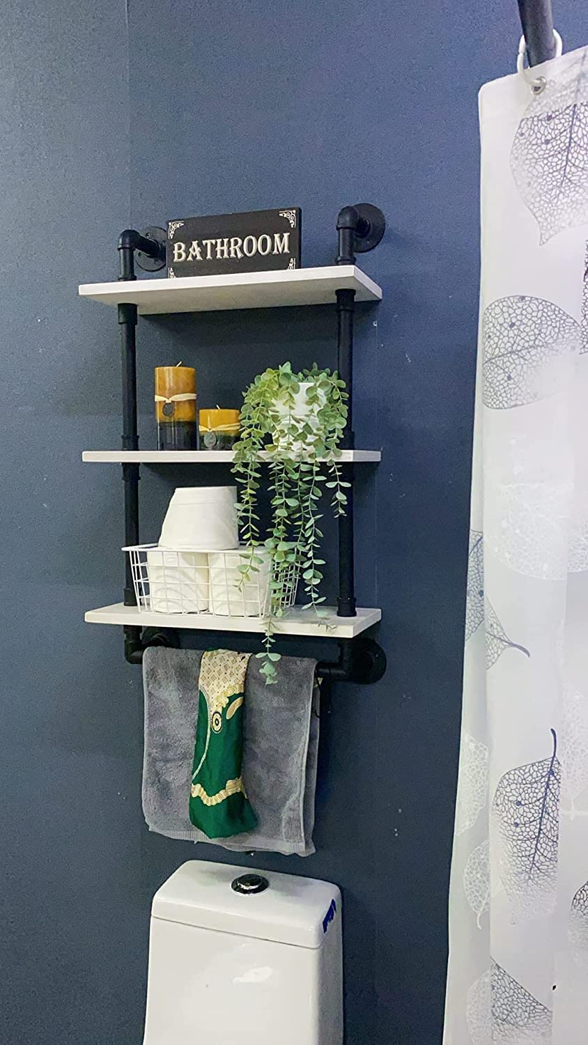 Mensola Industriale Per Tubi Stile Retrò - 3 Ripiani In Legno Con Barra Porta Asciugamani, 61 Cm, Per Bagno/Cucina, Colore Bianco