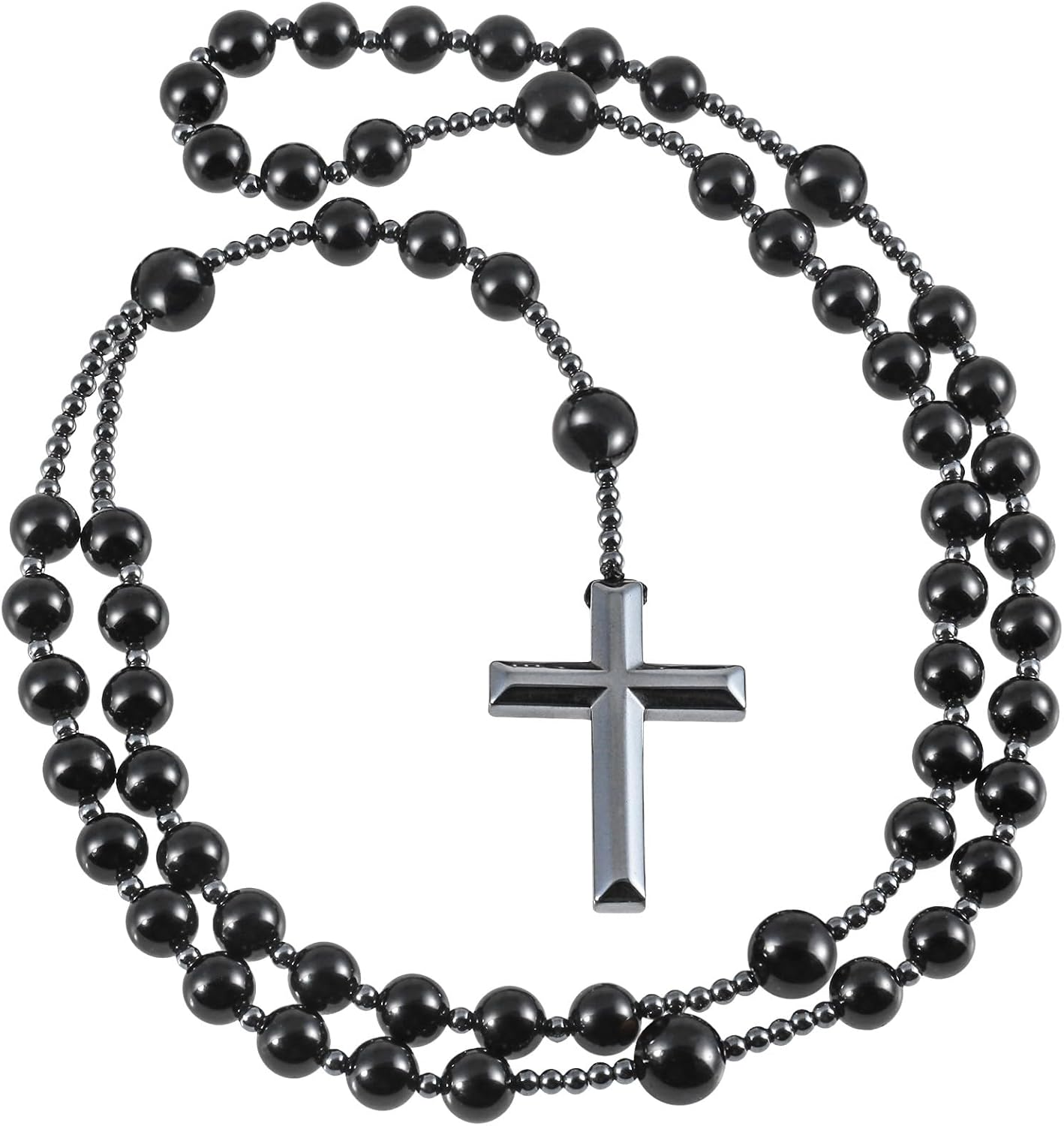 TUMBEELLUWA Hematite Cross Pendant Beaded Necklace for Men Women, Catholic Rosary Necklace for Faith Prayer Protection