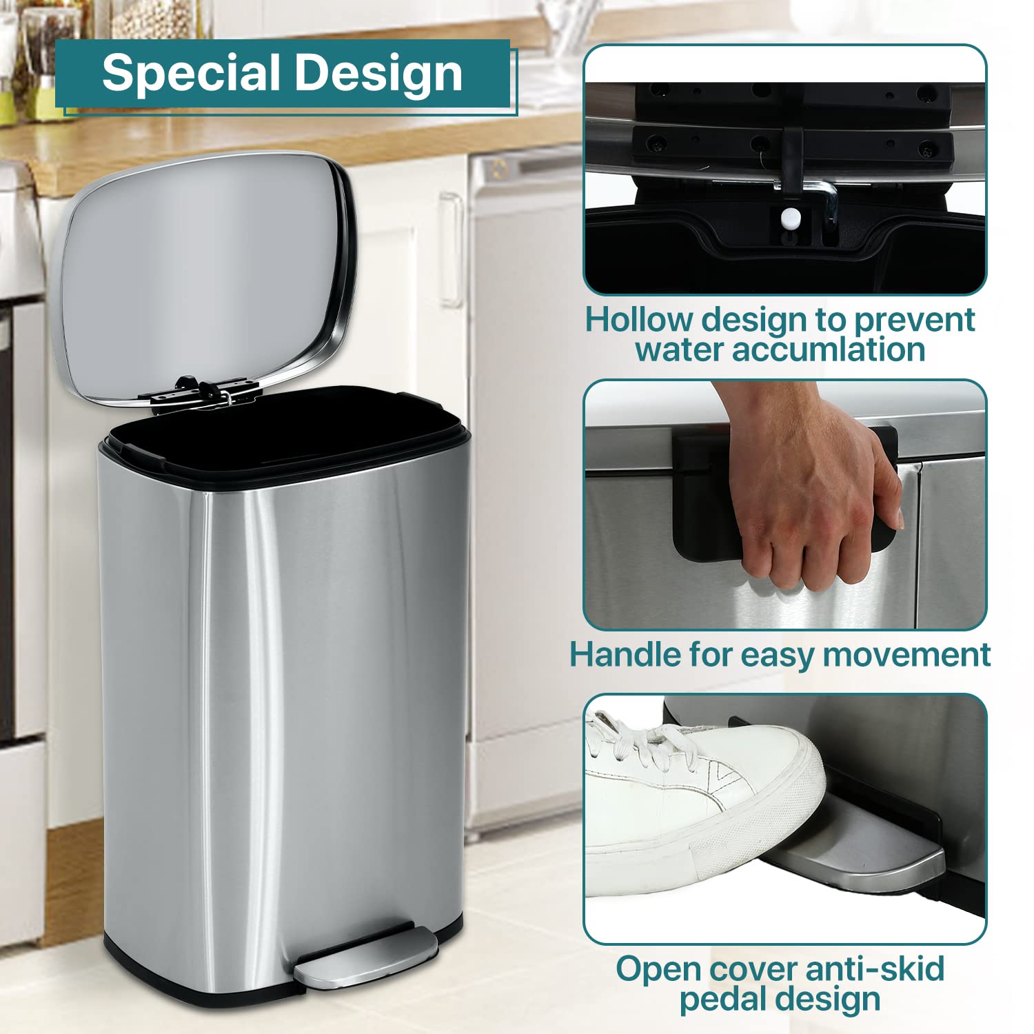 Dkelincs Kitchen Trash Can 13Gallon/50L Stainless Steel Trash Can with Lid & Removeable Barrel, High-Capacity Step Garbage Can Classified Recycle Rubbish Bin for Bathroom Bedroom Home Office