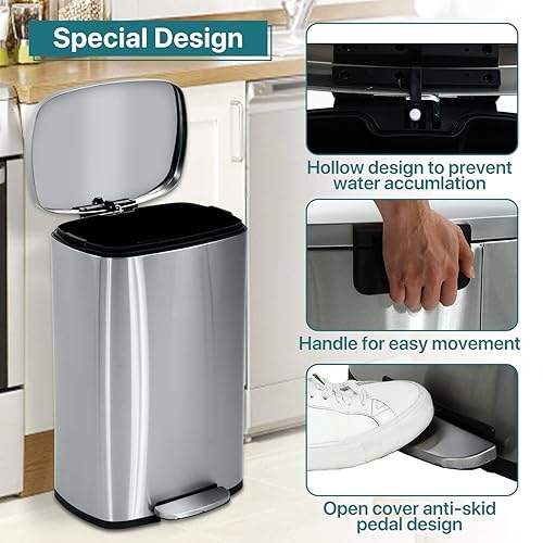 Miniatura 5 de Basurero de cocina de acero inoxidable de 16 galones, 60 litros, 13 galones, 50 litros, 10 galones40 L, con tapa y barril extraíble, cubo de basura