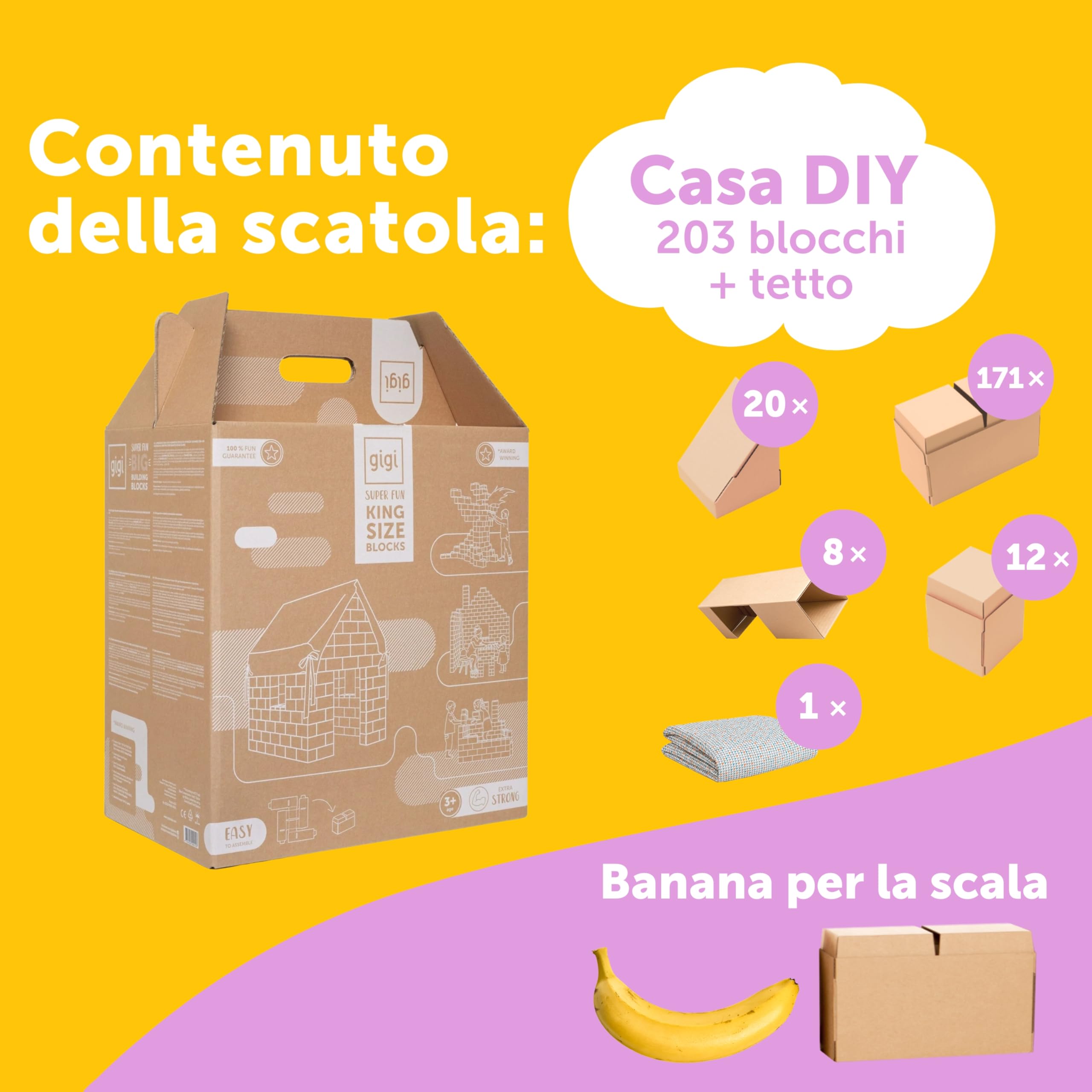 GIGI Bloks Capanna per Bambini da Interno | Set Costruzioni Incastro & Empilabili per Casetta per Bambini in Cartone con 203 Blocchi Costruzioni | Casa Giocattolo Robusta & Facile da Montare