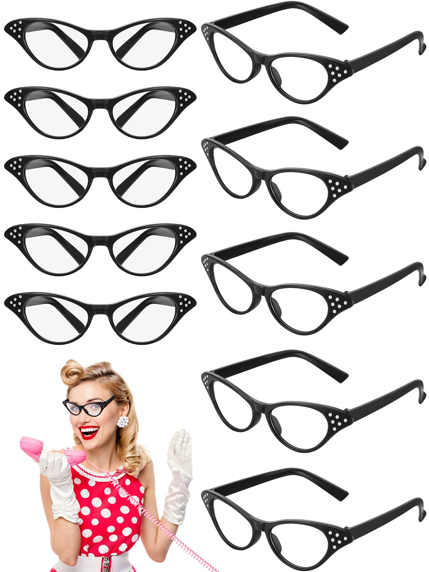Dunzy Cat Eye Rhinestone Glasses Retro 50s 60s Old Lady Glasses Carnival Sock Hop Party Decorations