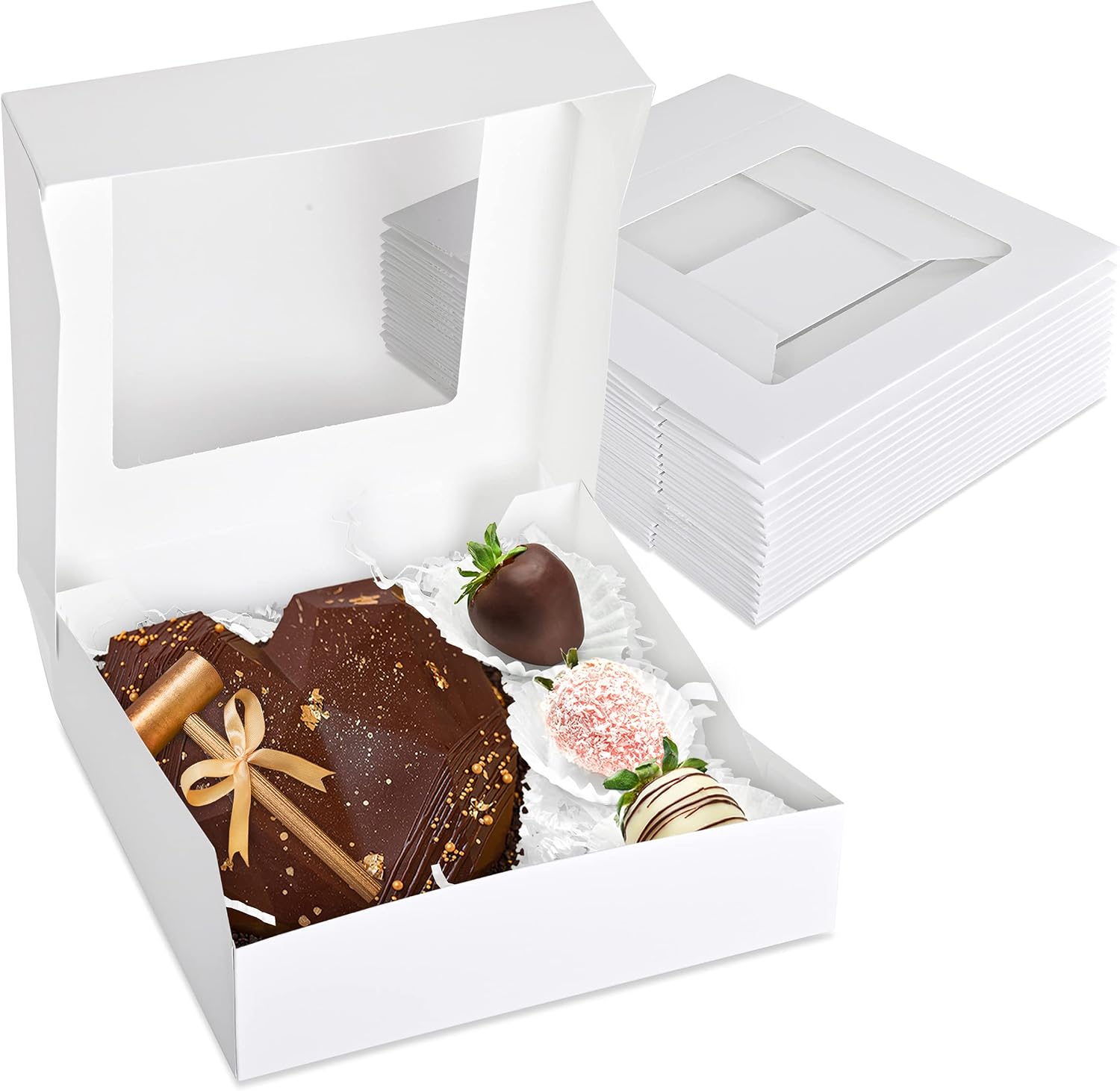 Stock Your Home 9 x 9 x 2.5 Inch White Pie Box with Viewing Window (15 Count)-Medium Bakery Box - Auto Pop Cake Box Design - Pie Box with Viewing Window for Strawberries, Smash Hearts, Pastry,Treats