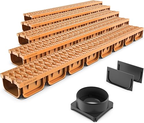 Vodaland - Sistema de drenaje de zanjas de 4 pulgadas con rejilla, color arena, color bronceado, fácil de 2 canales (5)