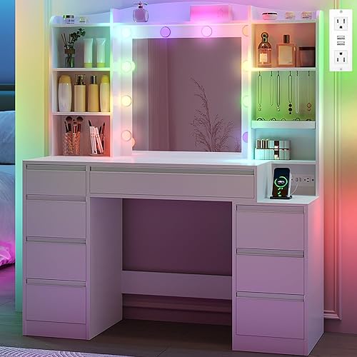Large Vanity Desk with Mirror and RGB Light, Makeup Vanity with Power Strip, Dressing Table with Nightstands, 8 Drawers & 8 Storage Shelves, 47.2inch Desktop, Modern, White