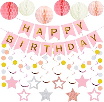 Pink Birthday Party Decorations Happy Birthday Banner, Honeycomb Balls, Stars, Swirl Streamers, Circle Dots Garland