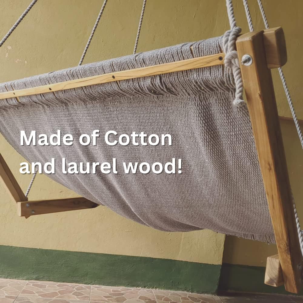 Nomadic State of Mind Hammock Swing | Double Love Seat | 100% Cotton Handwoven Rope Lounger | Hanging Chair for Two | Laurel Wood Spreader Bars (Black)