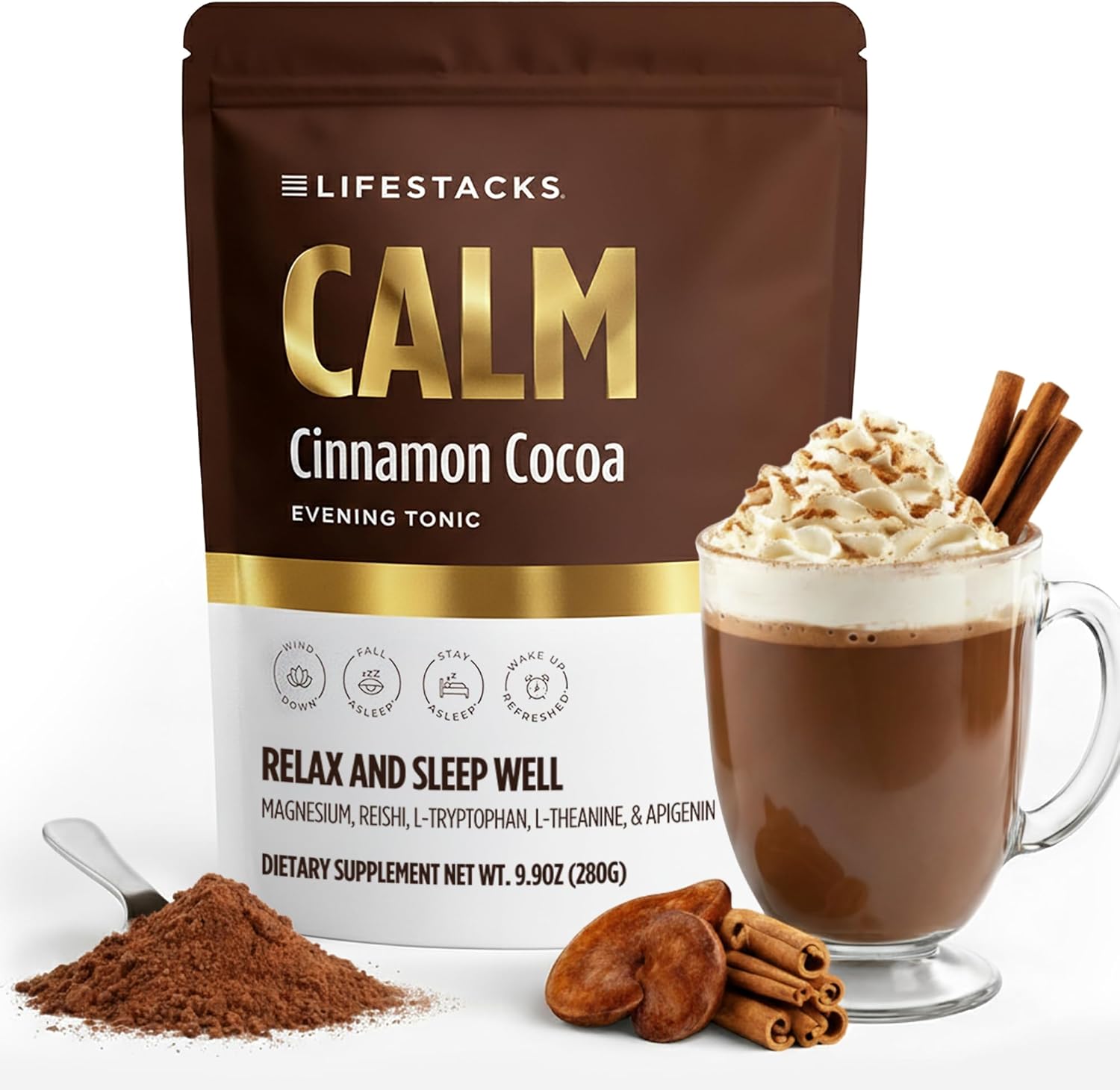 Calm Evening Tonic Sleep Powder - Cinnamon‑Cocoa Nighttime Superfood Drink Mix - Magnesium, L‑Theanine, Reishi Mushroom & L‑Tryptophan for Deep Sleep & Recovery, No Grogginess - 20 Servings