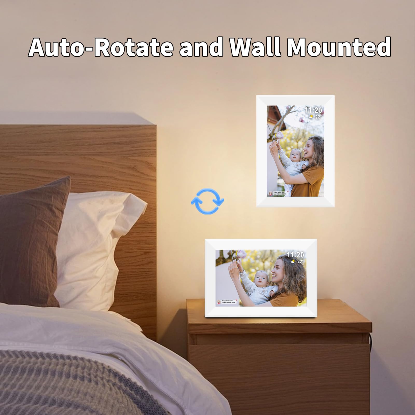 Frameo Cadre photo numérique de 10,1 pouces blanc, cadre photo numérique intelligent WiFi avec écran tactile IPS, écran HD 1280 x 800, rotation automatique de 32 Go, montage mural, fente SD/USB