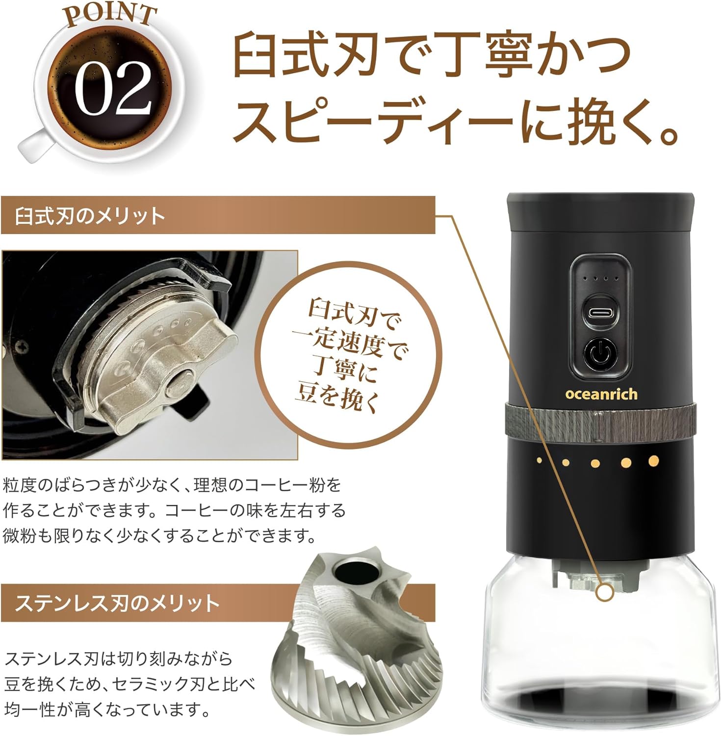 Close-up of the stainless steel conical burr