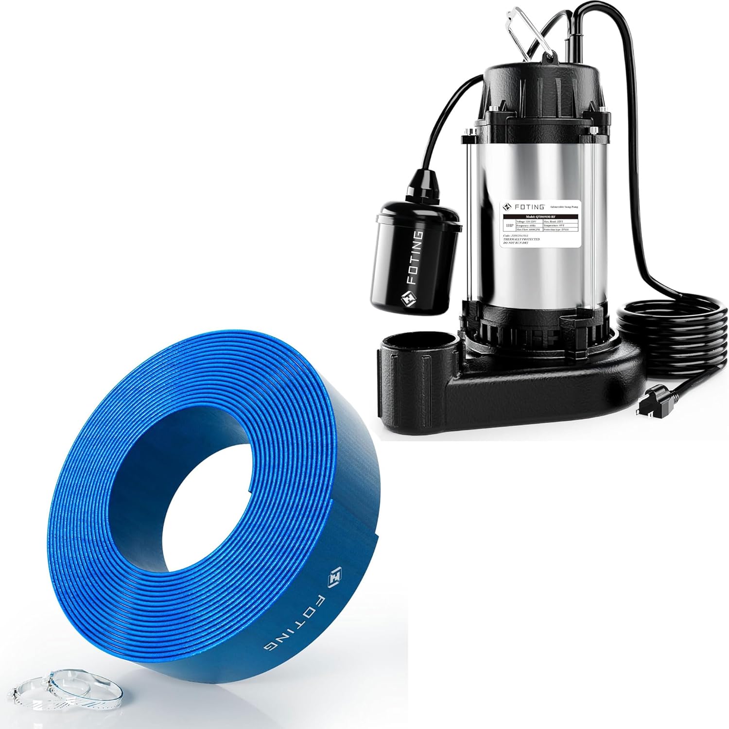 FOTING Sump Pump with 100FT Pool Backwash Hose 1-1/2 lN, 1Hp clean/Dirty submersible Water Pump, 6000GPH Utility Pump