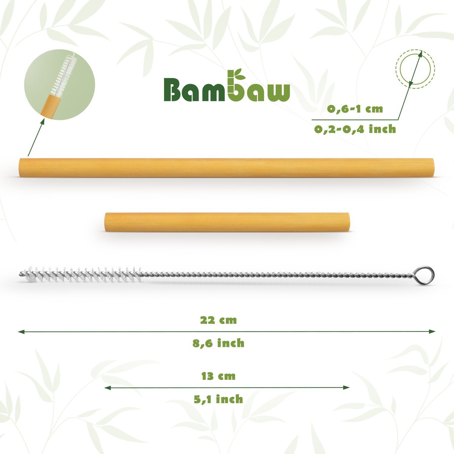 Bambaw - 12 pajitas de bambú ecológicas, biodegradables y reutilizables, fabricadas a mano en Bali, incluye un cepillo de limpieza y una bolsa de almacenaje, 13&22cm