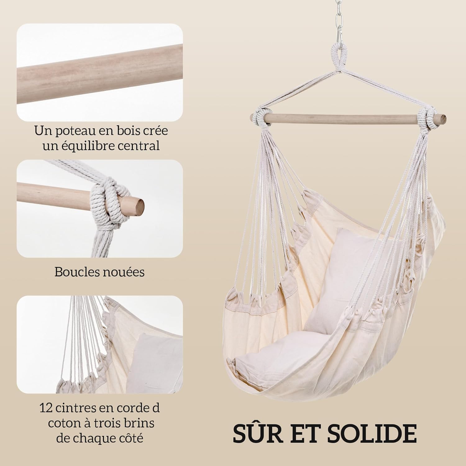 Details of the Outsunny Hanging Hammock Chair's sturdy construction, showing the poplar wood bar, thick cotton ropes, and secure knotted loops.