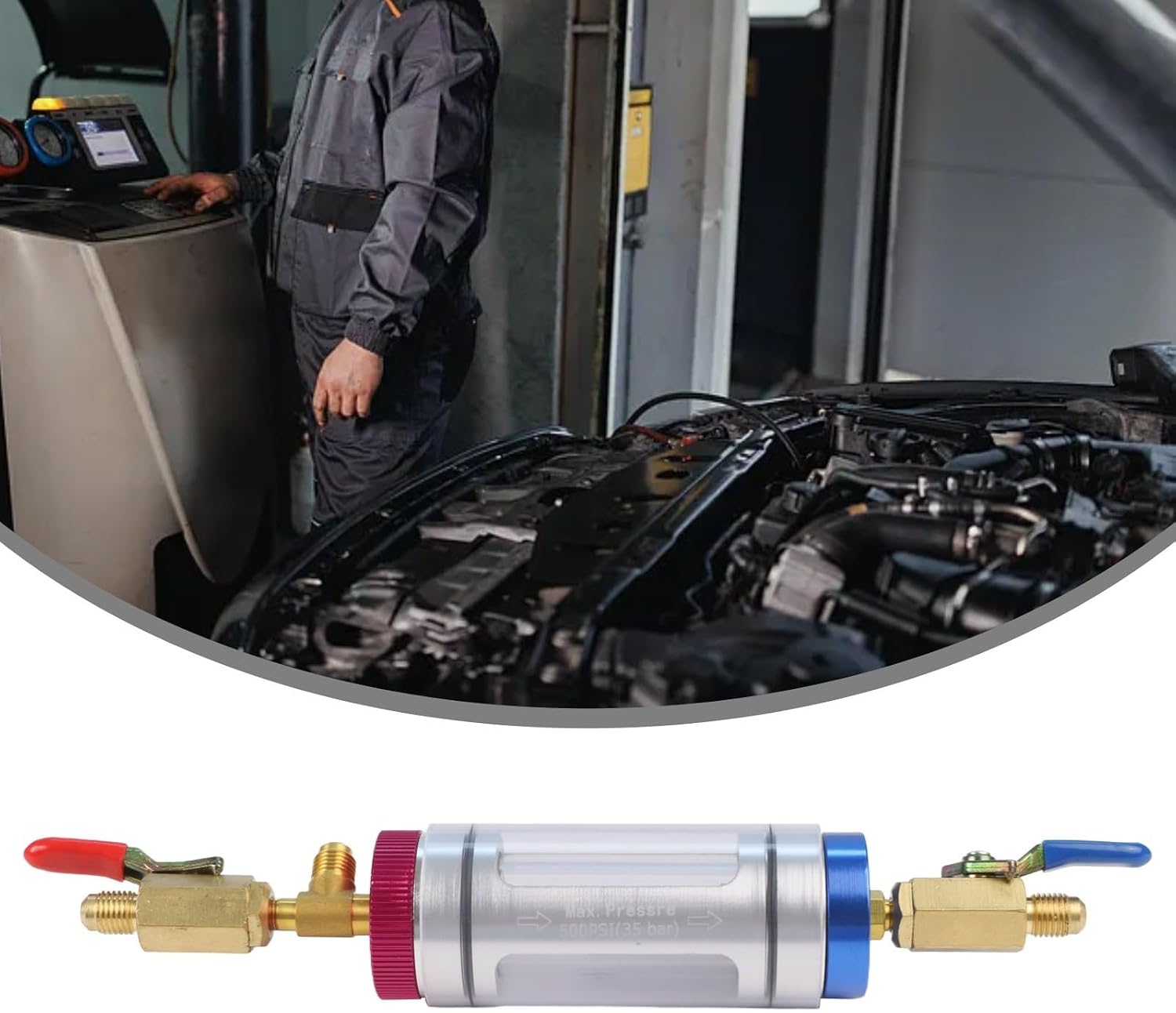 R134a Charging Adapter with Pressure Gauge and Sight Glass, Car A/C Hose Connector Tool for Air Conditioning Repair and Maintenance, Aluminum Alloy