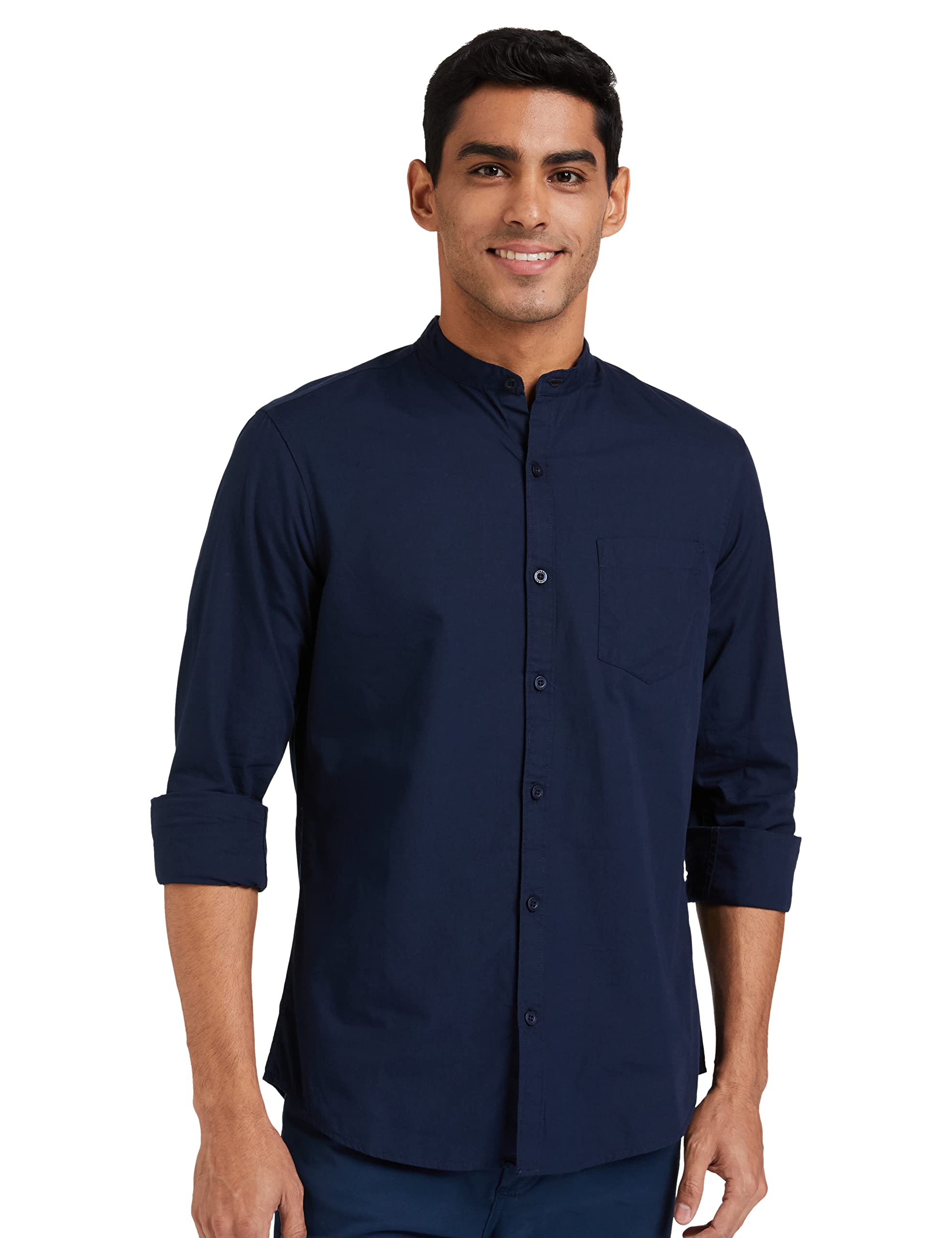 Amazon Brand - Symbol Men's Cotton Shirt | Chinese Collar | Casual | Plain | Full Sleeve | Summer - Regular Fit (Available in Plus Sizes)