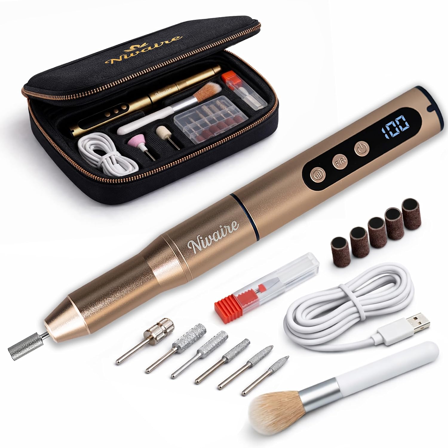 Cordless Nail Drill Professional Kit 35000RPM, Nail Filer Electric - 8 Drill Bits, 1 Ceramic Bit, 6 Sanding Bands, 5 Speed Levels - Electric Manicure Set, Nail Polisher - Portable, Rechargeable (Gold)