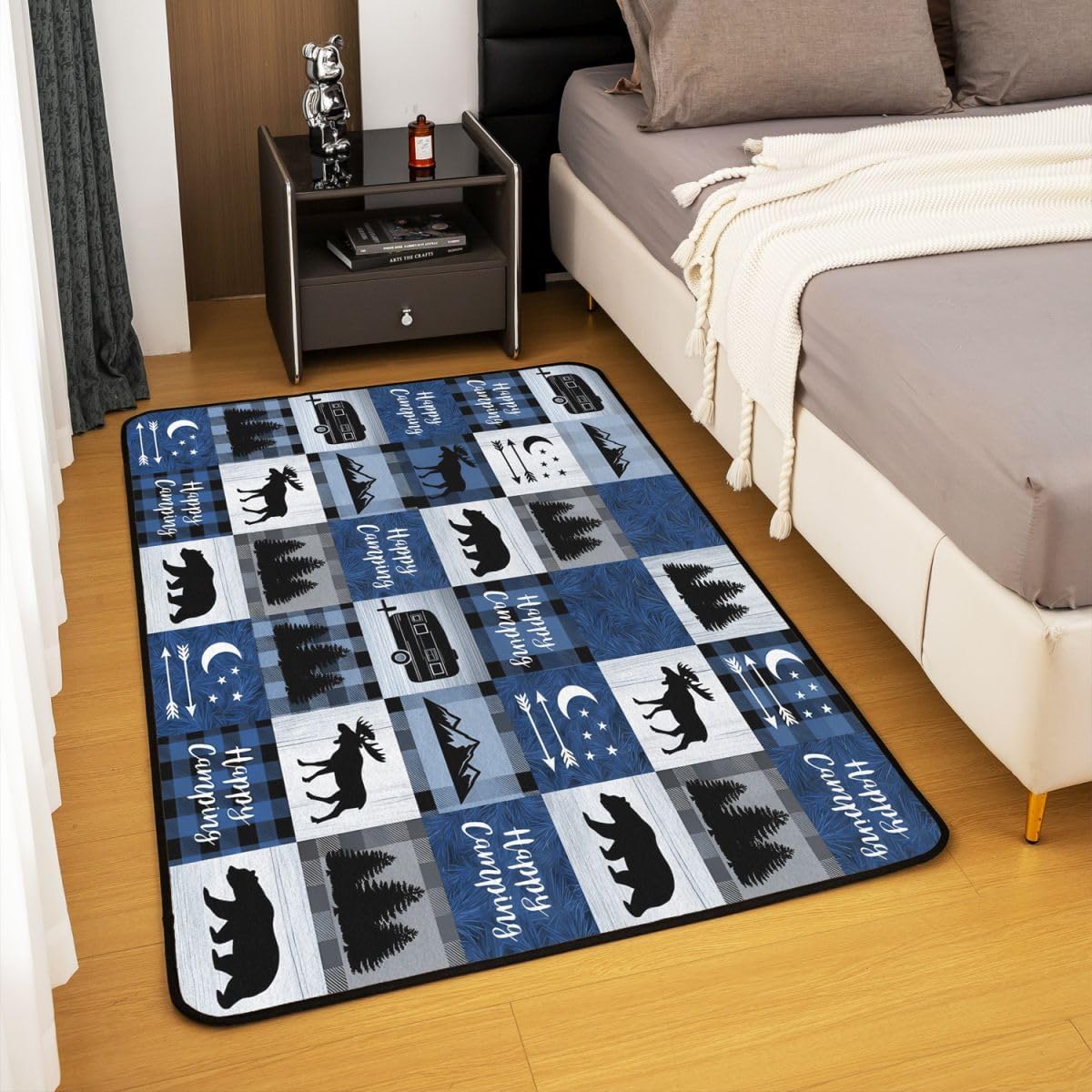 Erosebridal Happy Camping Area Rug 6'6" x 4'11" Rustic Bear Deer Living Room Rugs Rv Camper Mountain Geometric Elk Decorative Carpet Blue Patchwork Grid Wild Animals Indoor Floor Mat