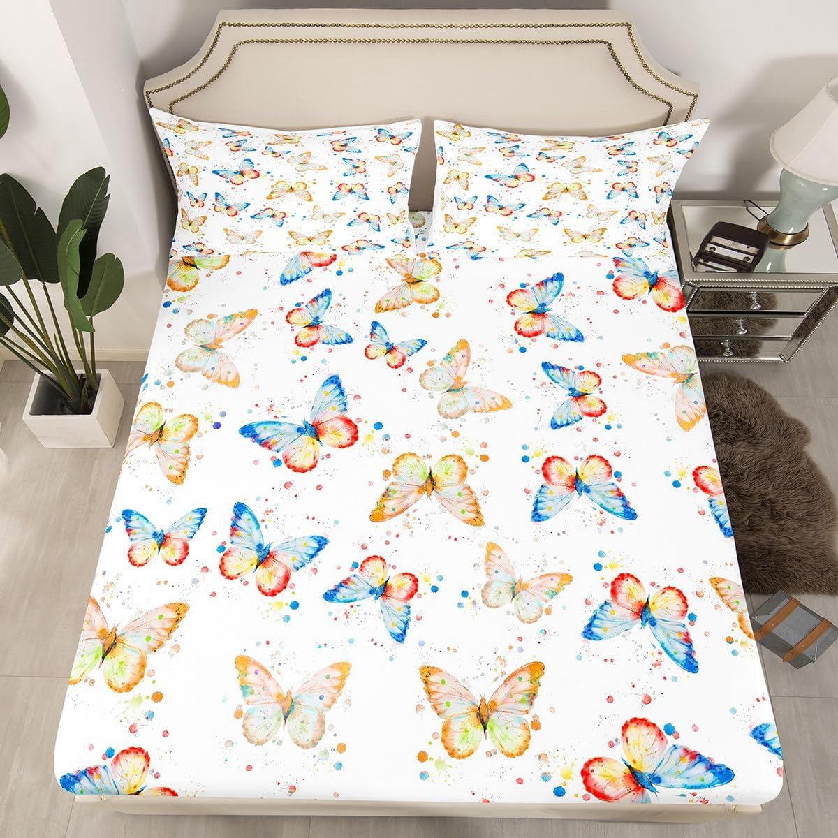 Erosebridal 3 Pieces Butterfly Nursery Girl Crib Bedding Set, Cute Flower Girl Bed Sheets Cartoon Lovely Patchwork Floral Butterfly Fitted Sheet Toddler Queen Sheets Kids Kawaii Room Decor(Pink)