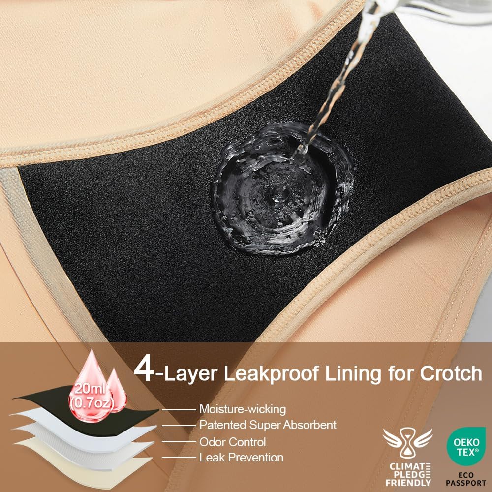 Battewa Leakproof Underwear for Women Low-Waist Bikini Light Incontinence Leak Protection, 20ml Absorbency Washable Reusable High-Cut Hipster Briefs 3Pack (Beige, Medium) - Image 2