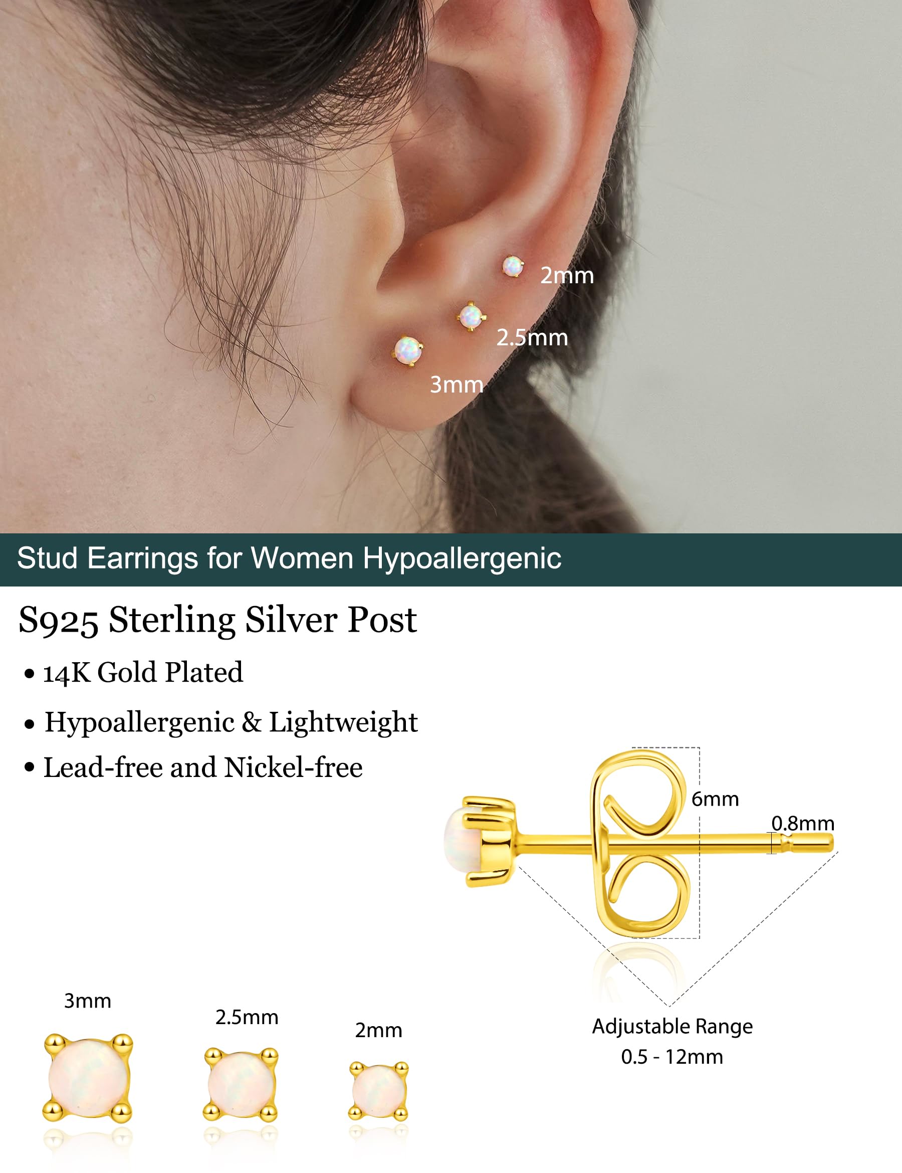 3 Pairs 14k Gold Stud Earrings for Women Hypoallergenic 925 Sterling Silver Post Dainty Silver Cartilage Tragus Earrings Stacks Set Trendy Small Diamond Heart Multiple Piercing Jewelry for Men: G.Gold -Opal -3 Pairs