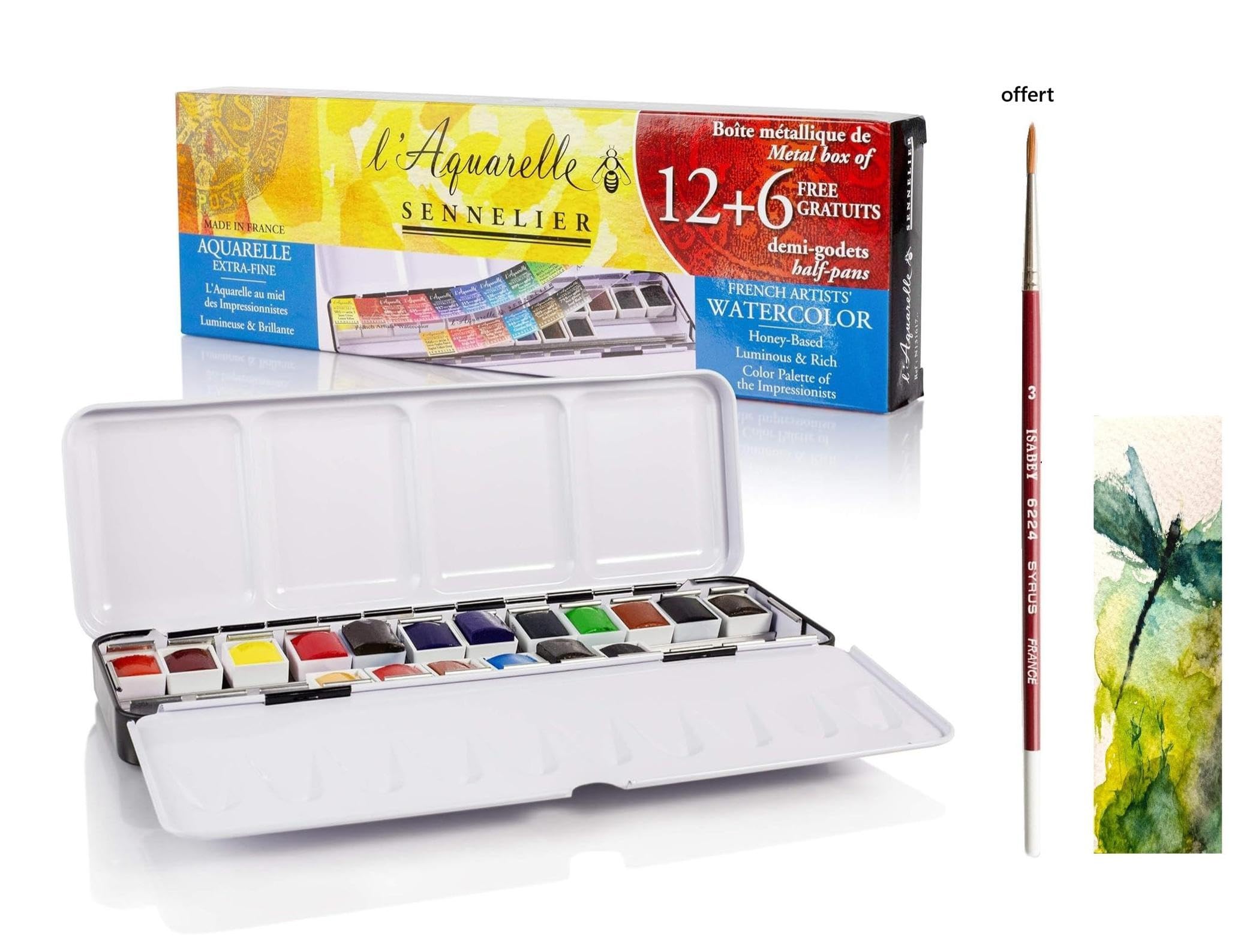 Sennelier Boîte de Peinture Aquarelle Extra-Fines, 18 Demi-Godets Métal + Pinceau