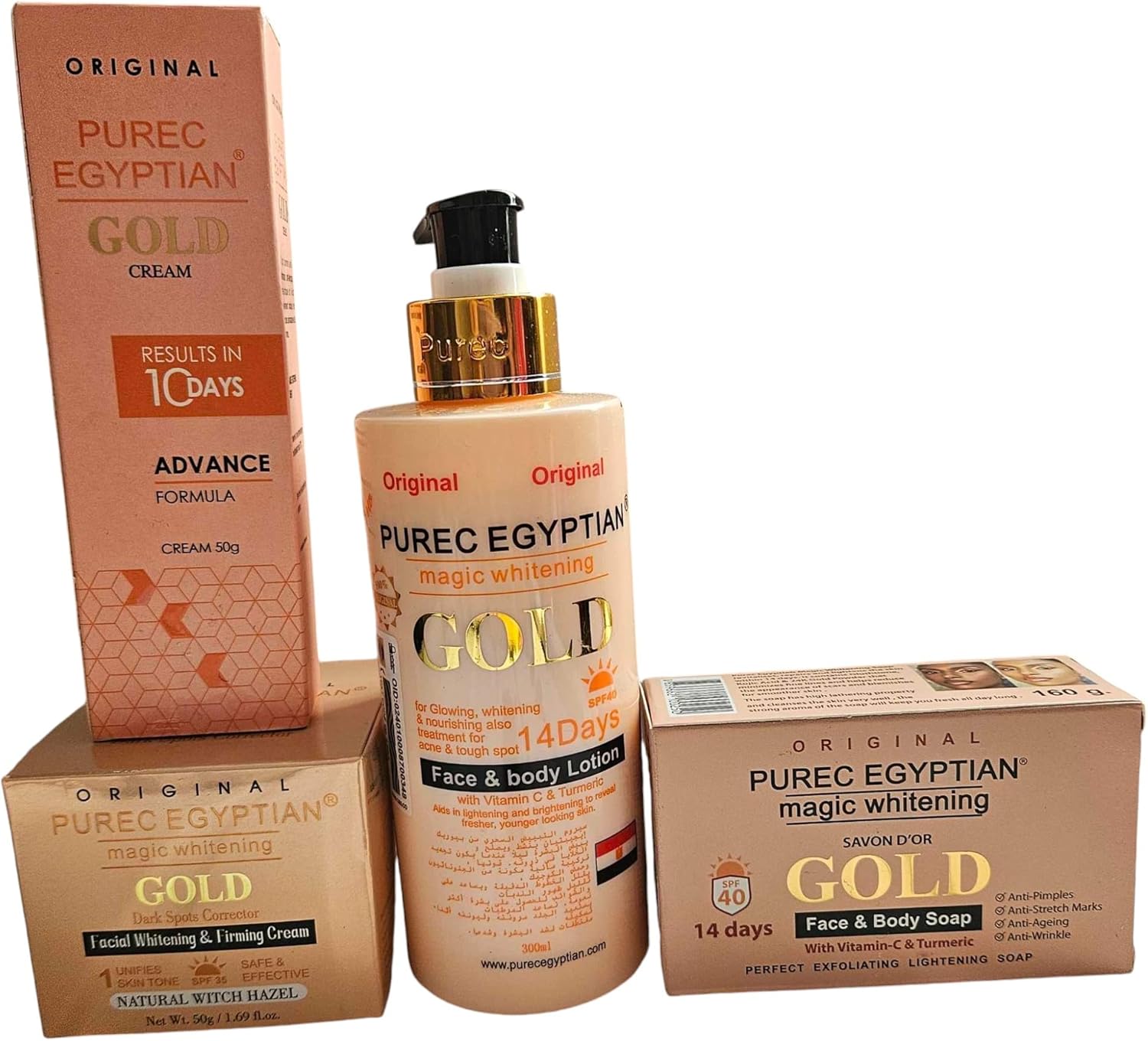 Pure Egyptian Gold Face &amp; Body Lotion 14 Days Whitening 300ml  Soap 180g  Tube Cream, Face &amp; Body Skin Brightening, Colour correction Combo