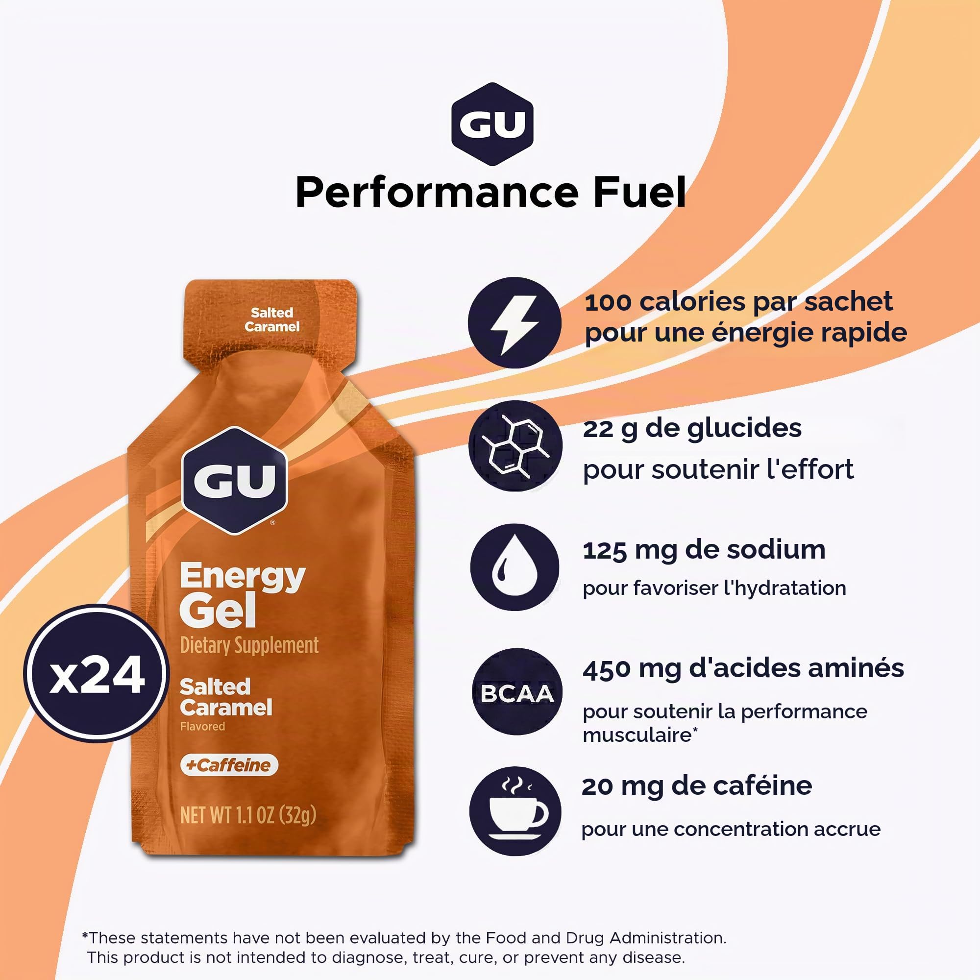 GU ENERGY GEL - Caramel Salé - Boîte de 24 gels - Gel énergétique - Sodium - BCAA - Idéal pendant l'effort 100Kcal