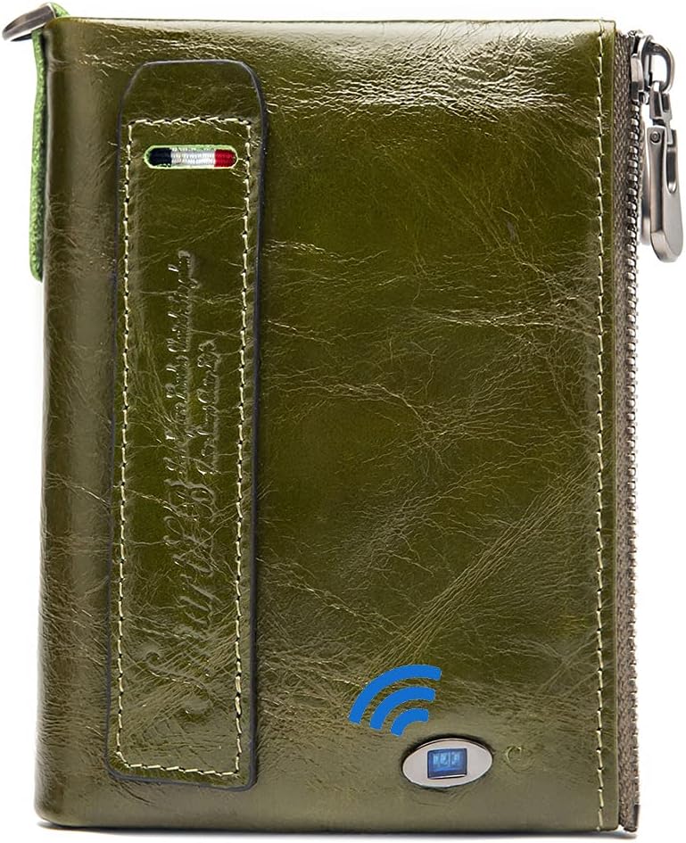 Smart Wallet Cowhide Leather Alarm GPS Record Zipper Wallet Anti Lost Bluetooth Men Wallets (Green)