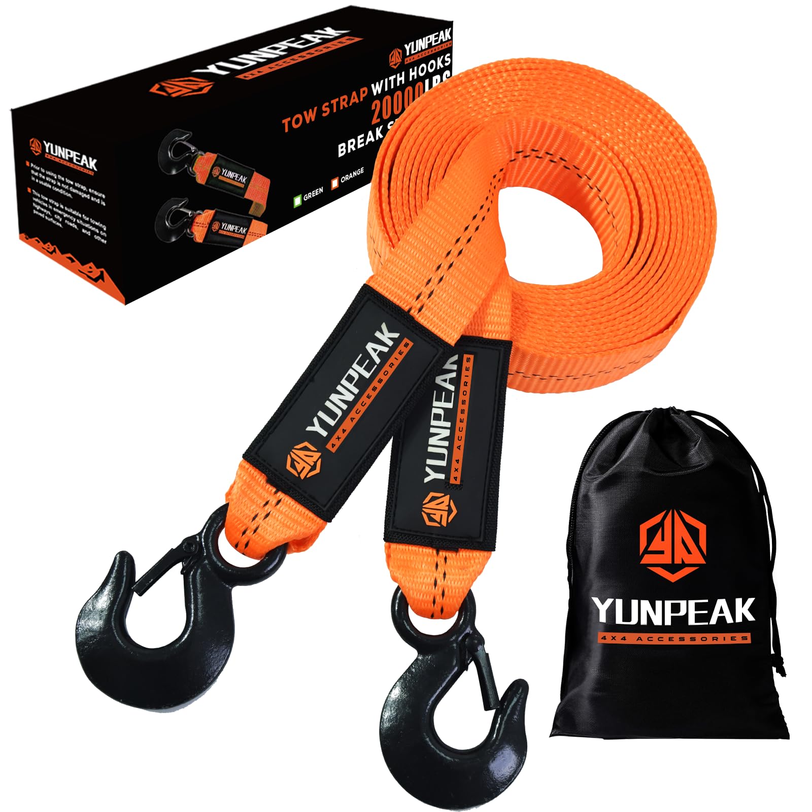 YUNPEAK Tow Strap with Hooks, 2" x 20ft (20,000lbs) Heavy Duty Recovery Towing Strap with Forged Steel Hooks, Car Tow Strap for UTV, ATV, Truck(Orange)