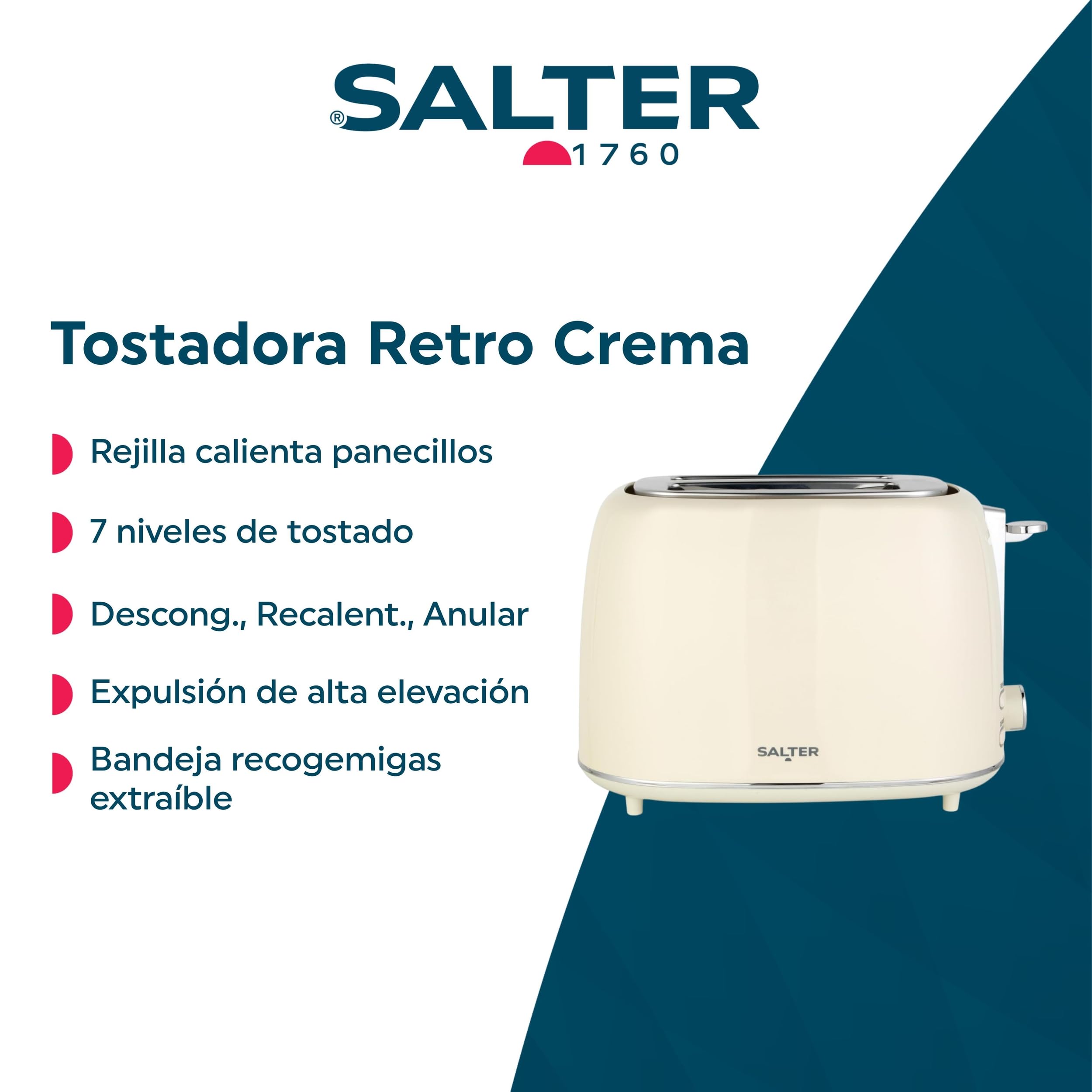 Tostadora Retro Crema de 2 Rebanadas Salter - 7 Niveles de Tostado, Descongelar, Recalentar y Cancelar, Bandeja Recogemigas Extraíble, Autocentrante, Parrilla para Calentar Panecillos