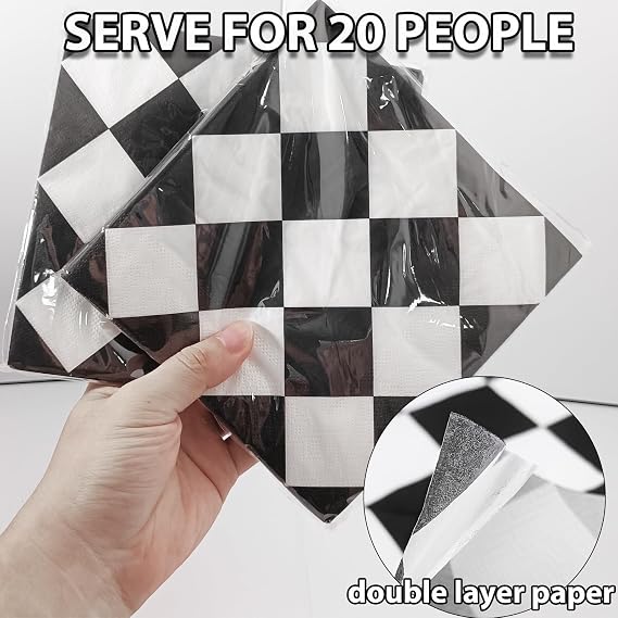 Racing Car Party Decorations Paper Checkered Plates and Napkins Race Themed Plates Checkered Flag Napkins Disposable Black & White Checkeredd Tableware Set of 40